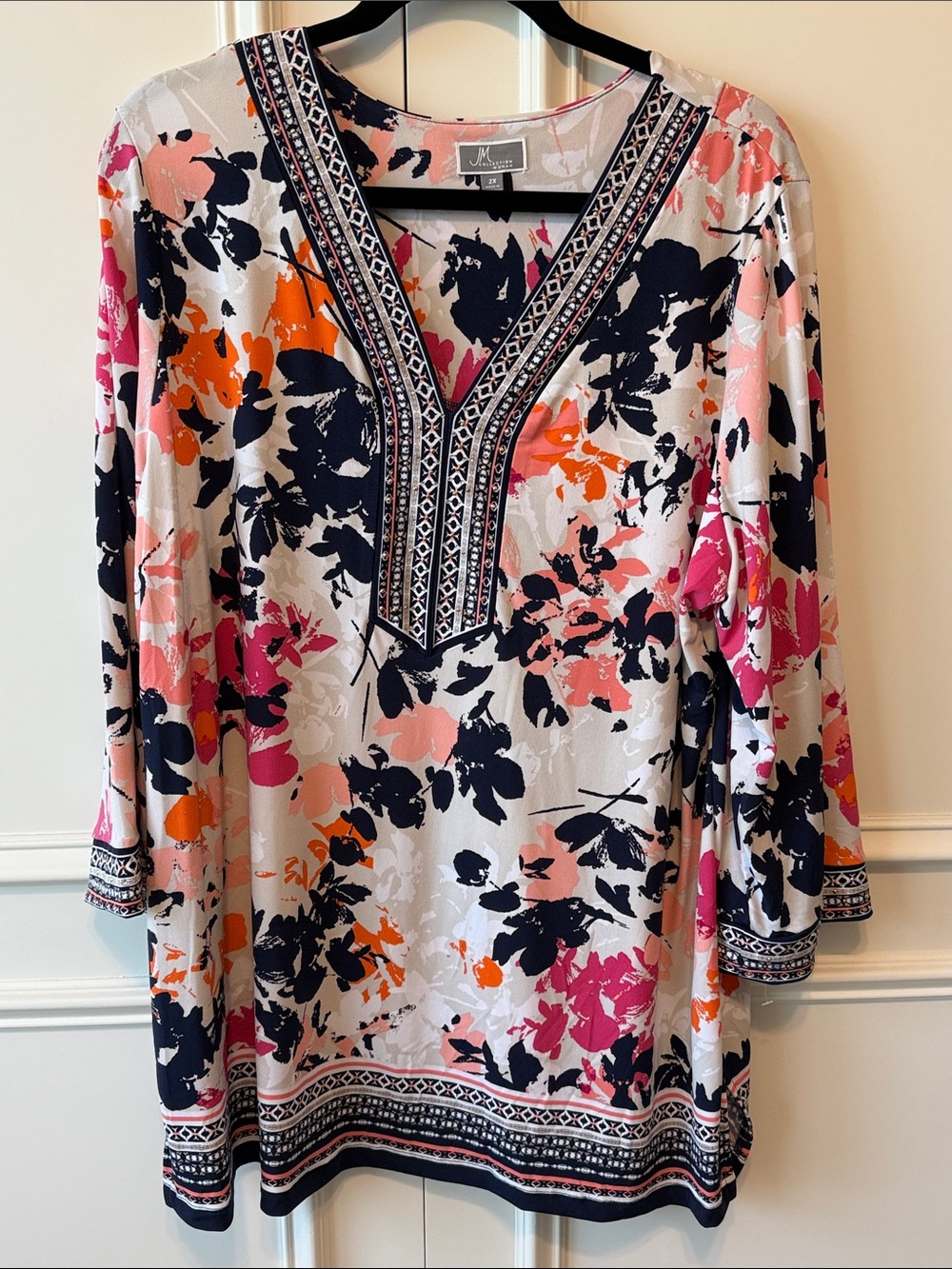 JM Collection Floral V-Neck Tunic in Navy, Pink & Orange